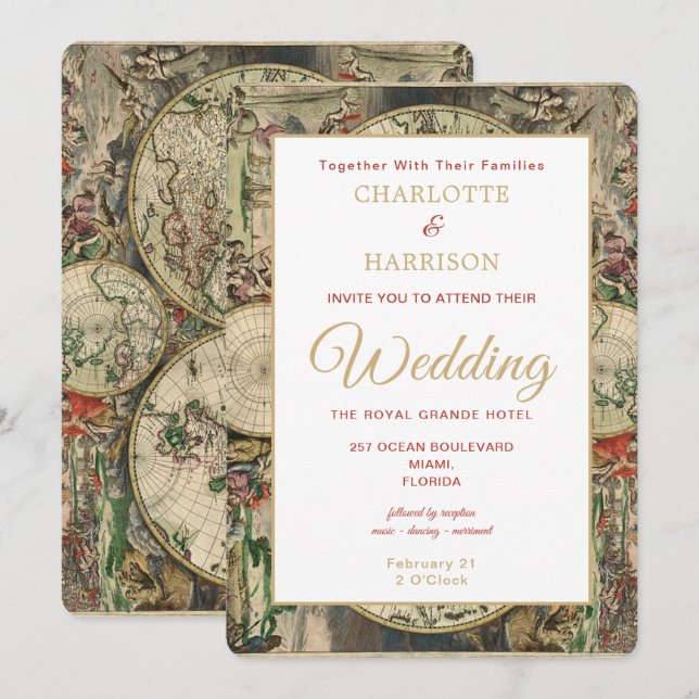 Vintage World Map Travel Theme Wedding Invitation (Front/Back)