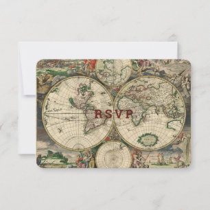 Vintage World Map Travel Theme Wedding RSVP Card