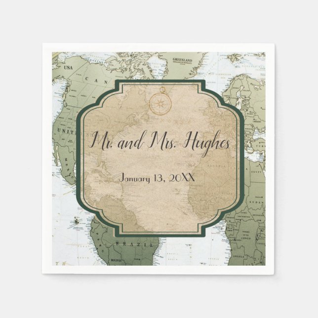 Vintage world map travel themed wedding napkin (Front)