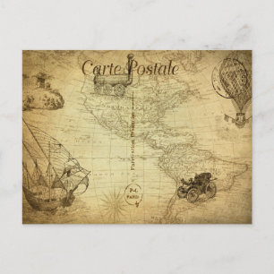 Vintage World Map Travel with Transport French Postcard