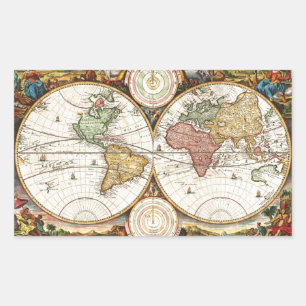 Vintage World Map Two Hemispheres Rare Antique Art Rectangular Sticker