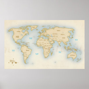 Vintage world map with countries poster
