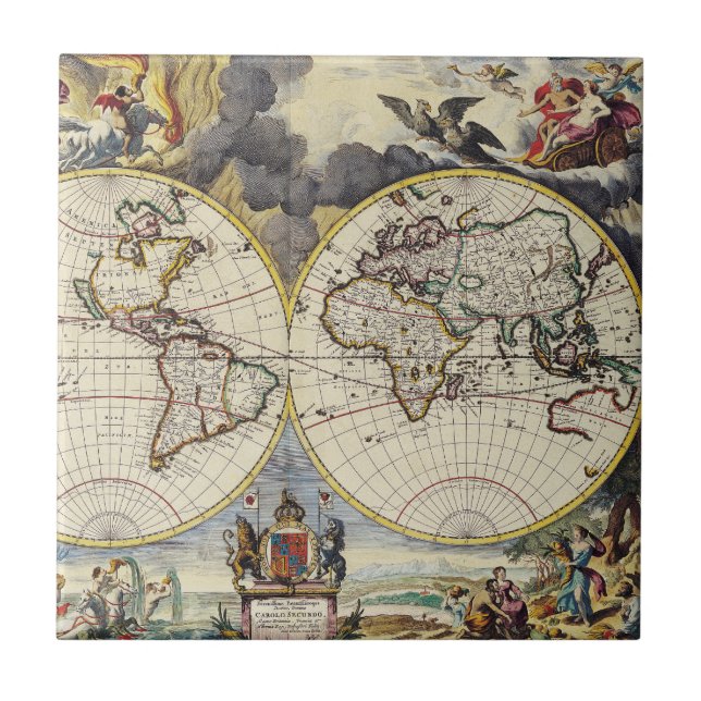 Vintage World Map with Mythological Four Elements Tile (Front)