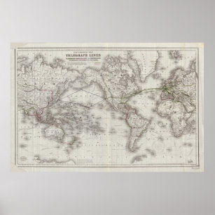 Vintage World Telegraph Lines Map (1855) Poster