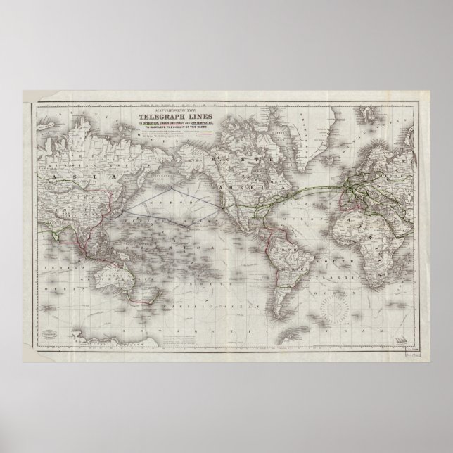 Vintage World Telegraph Lines Map (1855) Poster (Front)