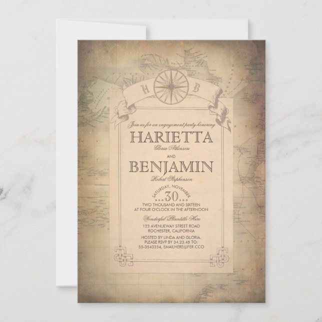Vintage World Travel Map Engagement Party Invitation (Front)