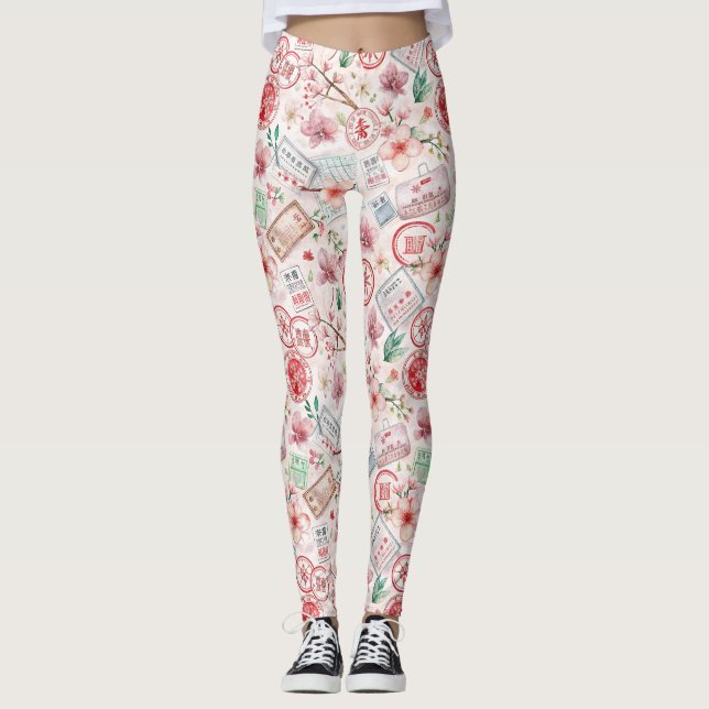 Vintage World Travel Stamp Pattern (1) Leggings (Front)