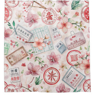 Vintage World Travel Stamp Pattern (1) Shower Curtain