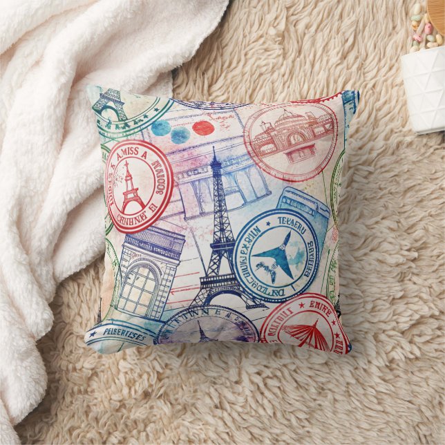 Vintage World Travel Stamp Pattern (2) Cushion (Blanket)