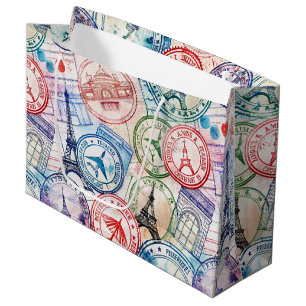 Vintage World Travel Stamp Pattern (2) Large Gift Bag