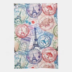 Vintage World Travel Stamp Pattern (2) Tea Towel
