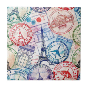 Vintage World Travel Stamp Pattern (2) Tile