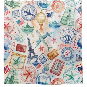 Vintage World Travel Stamp Pattern (3) Shower Curtain