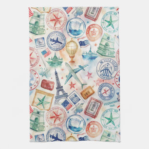Vintage World Travel Stamp Pattern (3) Tea Towel