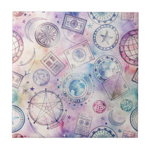 Vintage World Travel Stamp Pattern (4) Tile