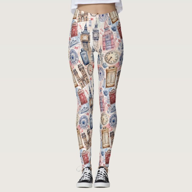 Vintage World Travel Stamp Pattern (5) Leggings (Front)