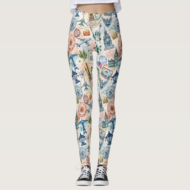 Vintage World Travel Stamp Pattern (6) Leggings (Front)