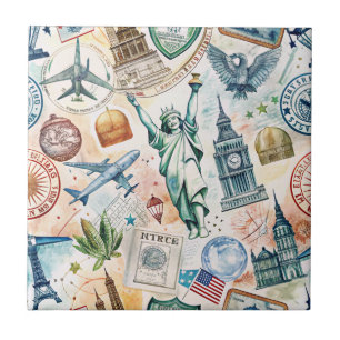 Vintage World Travel Stamp Pattern (6) Tile