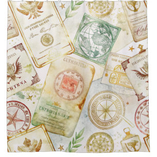 Vintage World Travel Stamp Pattern (7) Shower Curtain