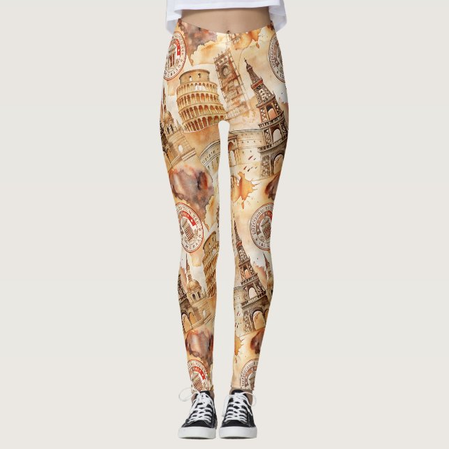Vintage World Travel Stamp Pattern (9) Leggings (Front)
