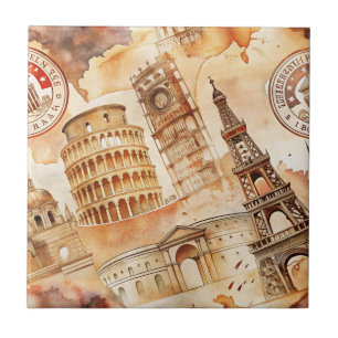 Vintage World Travel Stamp Pattern (9) Tile