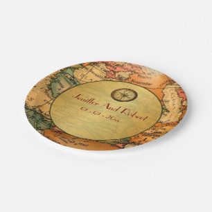 Vintage world travel themed wedding paper plates