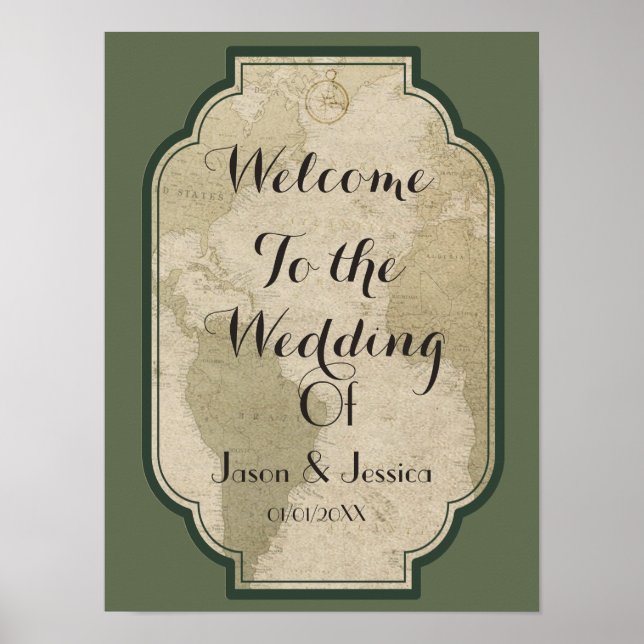 Vintage world travel themed wedding welcome poster (Front)