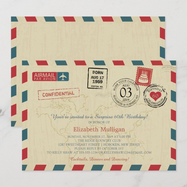 Vintage World Traveller Airmail Birthday Party Invitation (Front/Back)