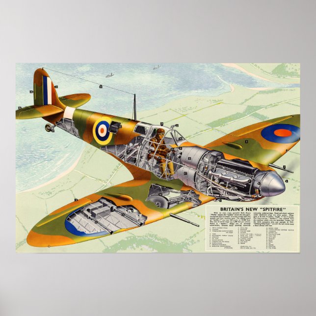 Vintage World War 2 British Spitfire Plane Cutaway Poster (Front)