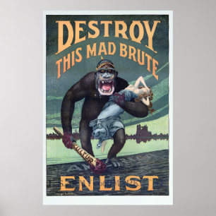 Vintage World War I German Gorilla Propoganda Poster