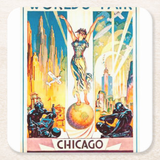 Vintage Worlds Fair Chicago Poster 1933 Square Paper Coaster