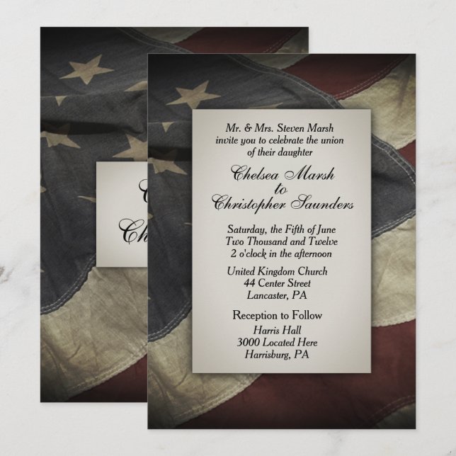 Vintage  Worn USA Flag Wedding Invitation (Front/Back)