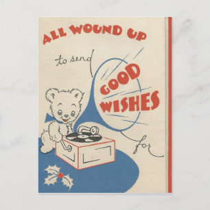 Vintage Wound Up Teddy Christmas Holiday Postcard