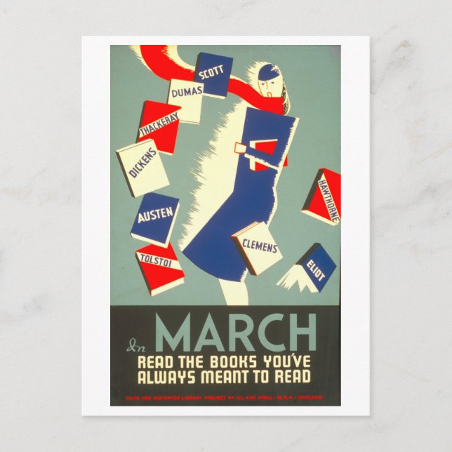 Vintage WPA Library Poster March Reading Postcard (Front)