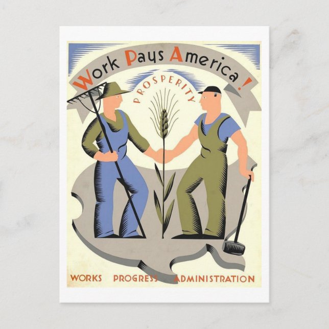 Vintage WPA Poster "Work Pays America" Postcard (Front)