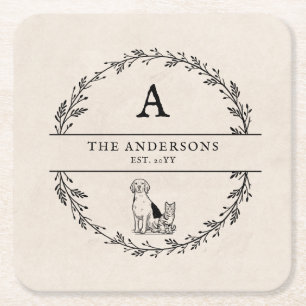 Vintage Wreath Newlywed Personalised Gift Monogram Square Paper Coaster