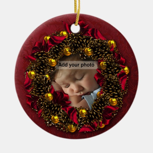 Vintage Wreath Photo Christmas Ornament (Front)