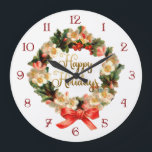 Vintage Wreath with Happy Holidays Script Large Clock<br><div class="desc">Nostalgic vintage floral wreath with ribbon,  gold calligraphy script "Happy Holidays" greeting and custom numbered dial.</div>