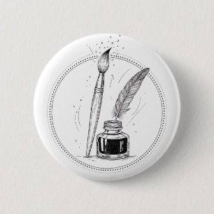 Vintage Writer Ink & Feather Minimal Dark Art 6 Cm Round Badge