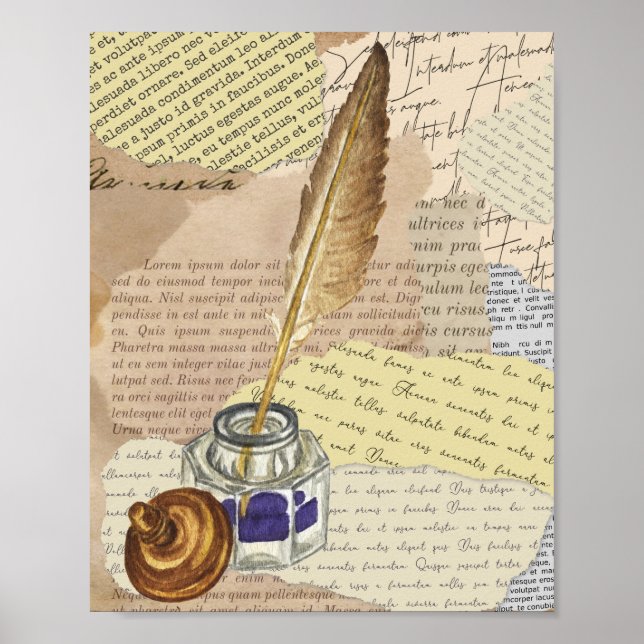 Vintage Writing Collage with Ink and Quill Poster (Front)