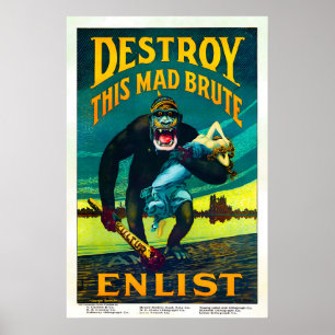 Vintage WW1 Anti-German Poster Destroy This Mad