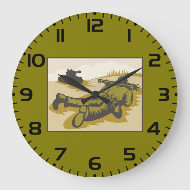 Vintage WW2 Bazooka Soldier and Tank Large Clock (Front)