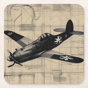 Vintage ww2 Fighter Plane Pencil Sketch Design Square Paper Coaster