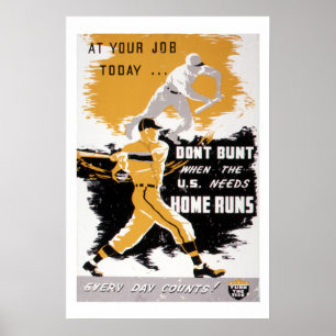 Vintage WWII "Don't Bunt" Baseball Homefront Poste Poster