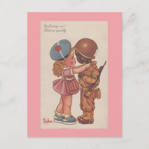 Vintage WWii Mixed Couple Kisses Valentine Postcard