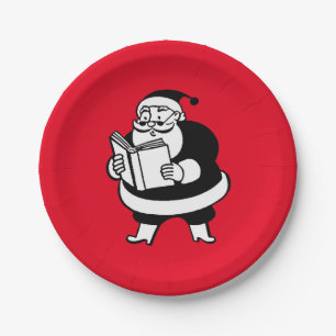Vintage X-Mas Black & White Reading Santa on Red Paper Plate