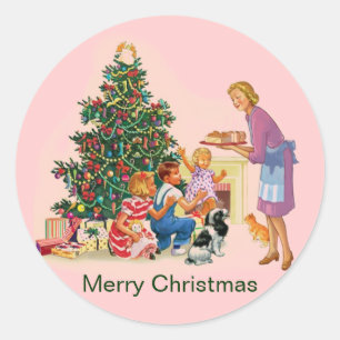 Vintage Xmas Mum & Kids Classic Round Sticker