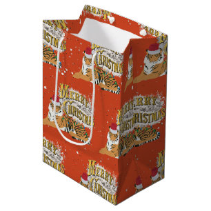 Vintage Xmas Tiger & Merry Christmas Medium Gift Bag