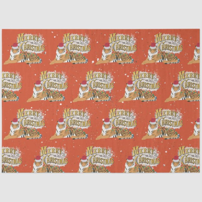 Vintage Xmas Tiger & Merry Christmas Tissue Paper (Front)