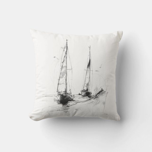 Vintage Yacht Sketch – Nautical Minimal Art Cushion (Front)